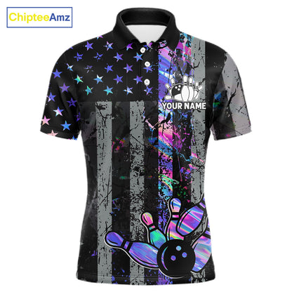 Custom Holographic Grunge American Flag Bowling Shirts For Men, Patriotic Bowling Team Jersey TDM7695
