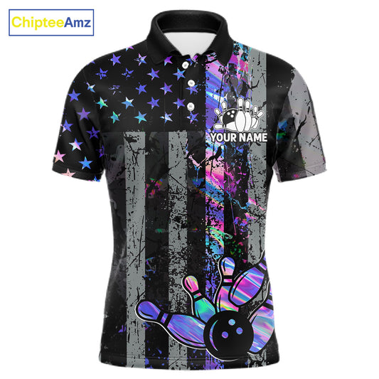 Custom Holographic Grunge American Flag Bowling Shirts For Men, Patriotic Bowling Team Jersey TDM7695