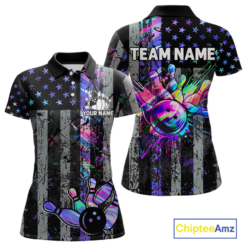 Custom Holographic Grunge American Flag Bowling Shirts For Women, Patriotic Bowling Team Jersey TDM7695