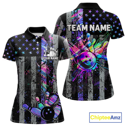 Custom Holographic Grunge American Flag Bowling Shirts For Women, Patriotic Bowling Team Jersey TDM7695
