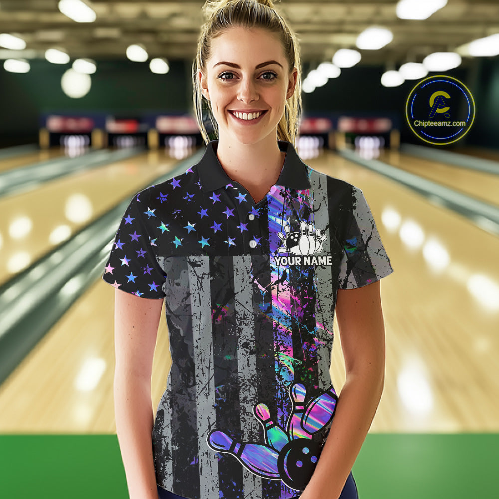Custom Holographic Grunge American Flag Bowling Shirts For Women, Patriotic Bowling Team Jersey TDM7695