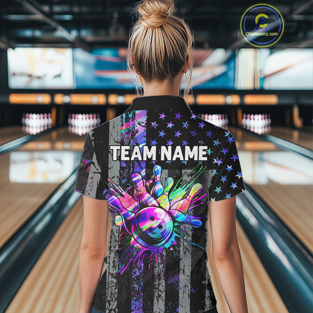 Custom Holographic Grunge American Flag Bowling Shirts For Women, Patriotic Bowling Team Jersey TDM7695