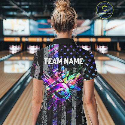 Custom Holographic Grunge American Flag Bowling Shirts For Women, Patriotic Bowling Team Jersey TDM7695