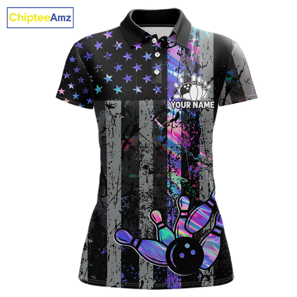 Custom Holographic Grunge American Flag Bowling Shirts For Women, Patriotic Bowling Team Jersey TDM7695