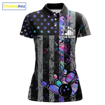 Custom Holographic Grunge American Flag Bowling Shirts For Women, Patriotic Bowling Team Jersey TDM7695