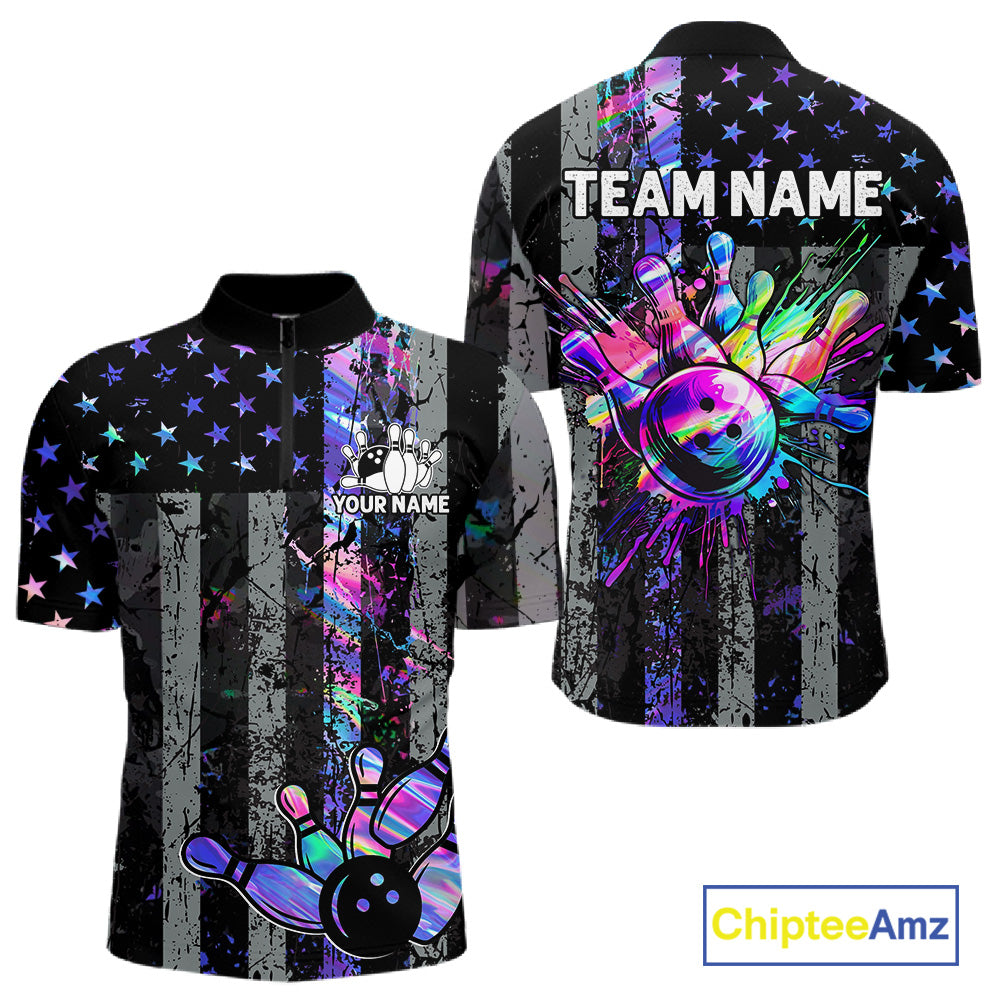 Custom Holographic Grunge American Flag Bowling Shirts For Men, Patriotic Bowling Team Jersey TDM7695