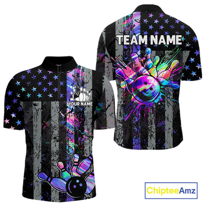 Custom Holographic Grunge American Flag Bowling Shirts For Men, Patriotic Bowling Team Jersey TDM7695