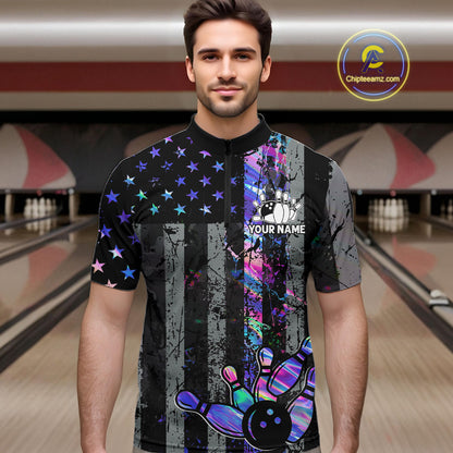 Custom Holographic Grunge American Flag Bowling Shirts For Men, Patriotic Bowling Team Jersey TDM7695