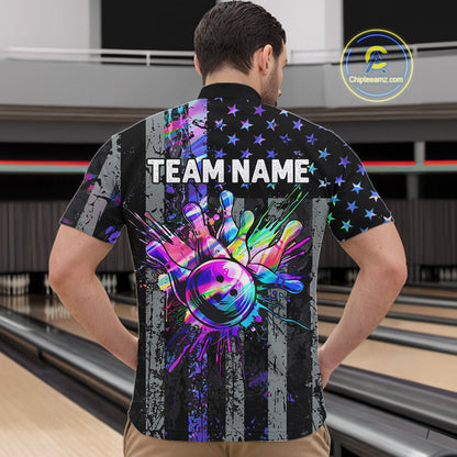 Custom Holographic Grunge American Flag Bowling Shirts For Men, Patriotic Bowling Team Jersey TDM7695