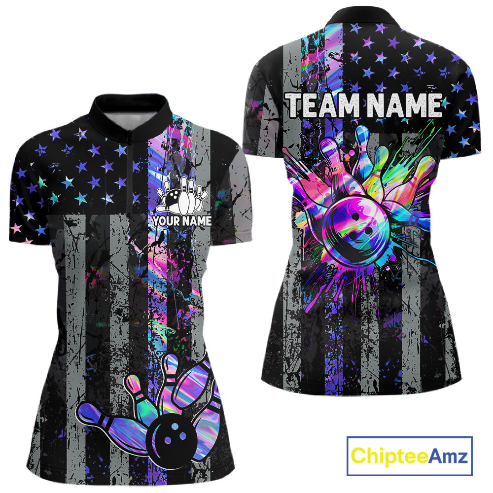 Custom Holographic Grunge American Flag Bowling Shirts For Women, Patriotic Bowling Team Jersey TDM7695