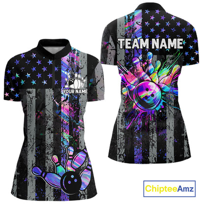 Custom Holographic Grunge American Flag Bowling Shirts For Women, Patriotic Bowling Team Jersey TDM7695