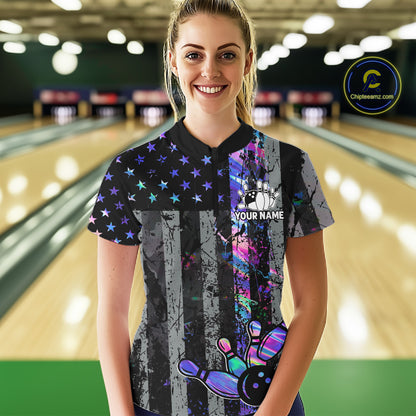 Custom Holographic Grunge American Flag Bowling Shirts For Women, Patriotic Bowling Team Jersey TDM7695