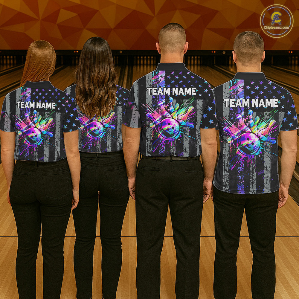 Custom Holographic Grunge American Flag Bowling Shirts For Women, Patriotic Bowling Team Jersey TDM7695