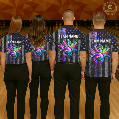 Custom Holographic Grunge American Flag Bowling Shirts For Women, Patriotic Bowling Team Jersey TDM7695