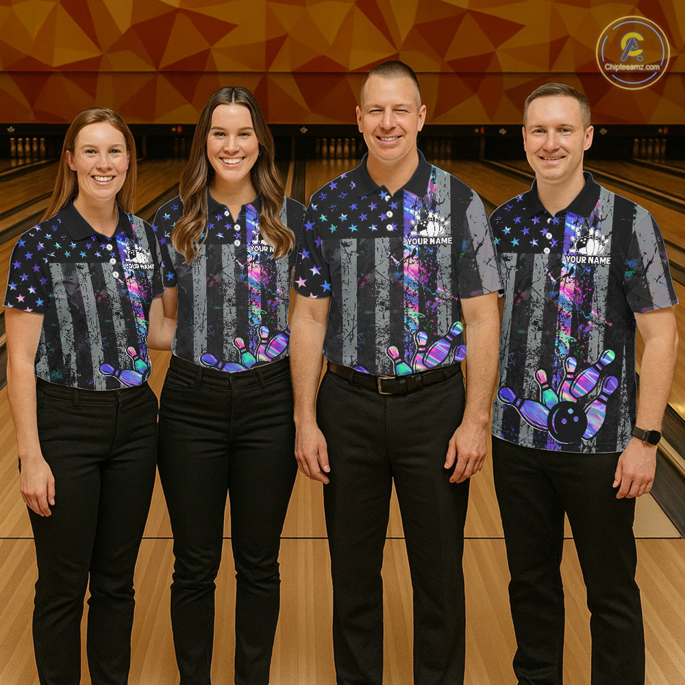 Custom Holographic Grunge American Flag Bowling Shirts For Women, Patriotic Bowling Team Jersey TDM7695