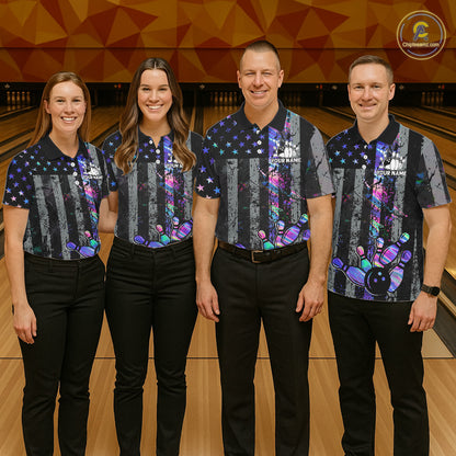 Custom Holographic Grunge American Flag Bowling Shirts For Women, Patriotic Bowling Team Jersey TDM7695