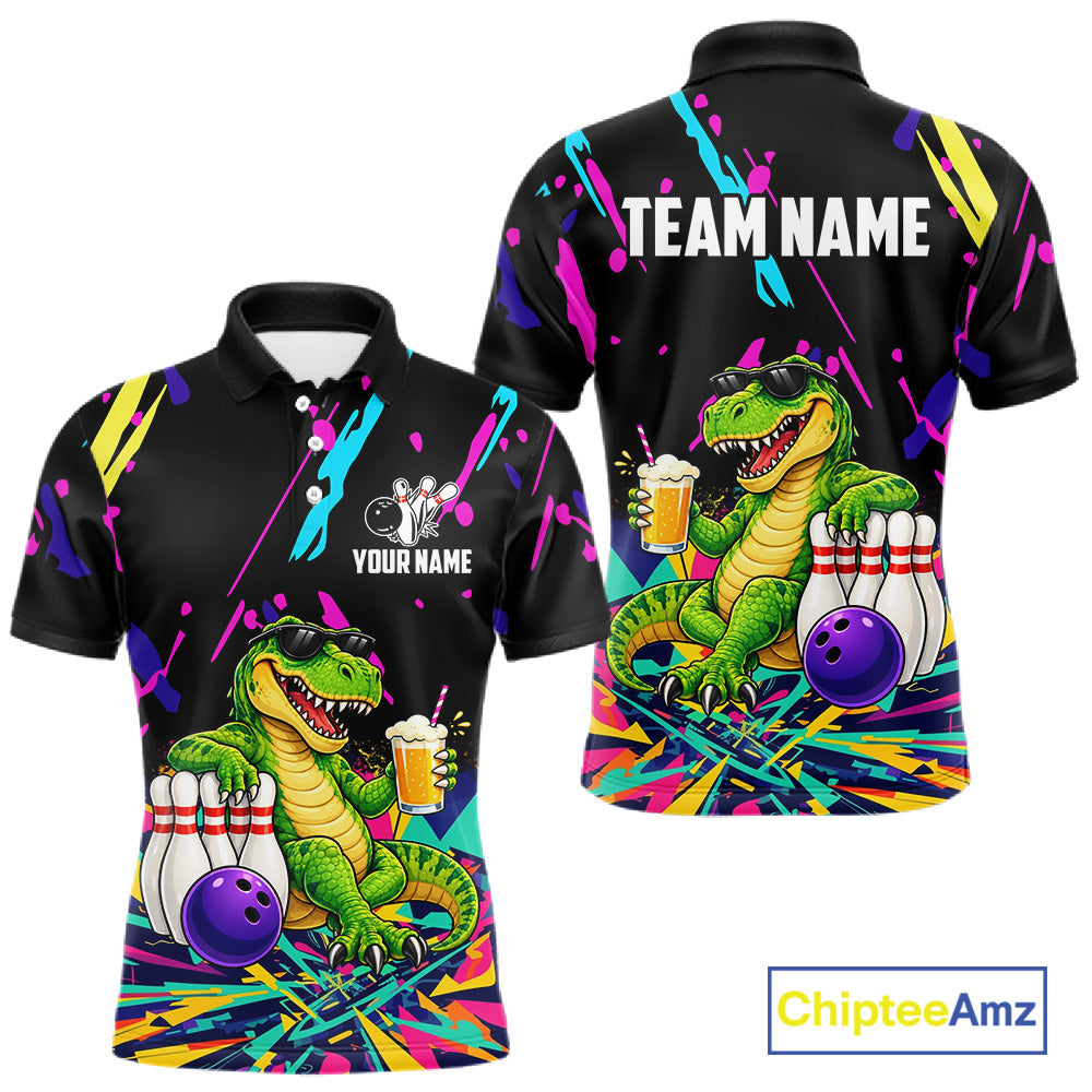 Colorful Bowling Jersey Funny Dinosaur Bowling Polo & 1/4 Zip For Men Custom Bowling Team Shirts TDM7702