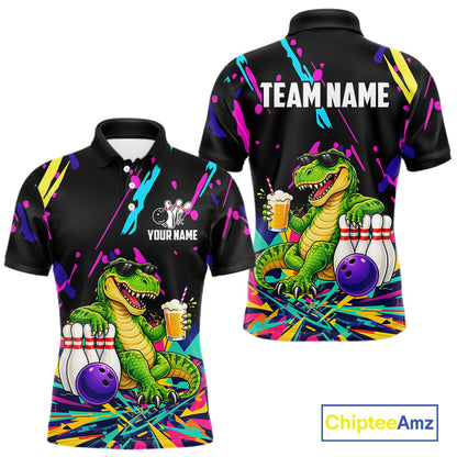 Colorful Bowling Jersey Funny Dinosaur Bowling Polo & 1/4 Zip For Men Custom Bowling Team Shirts TDM7702