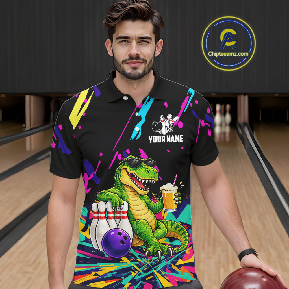 Colorful Bowling Jersey Funny Dinosaur Bowling Polo & 1/4 Zip For Men Custom Bowling Team Shirts TDM7702