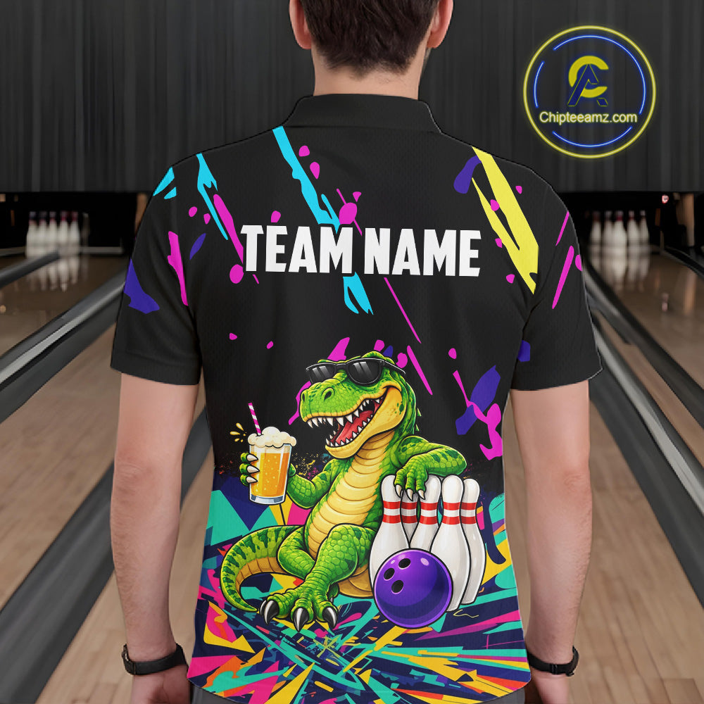 Colorful Bowling Jersey Funny Dinosaur Bowling Polo & 1/4 Zip For Men Custom Bowling Team Shirts TDM7702