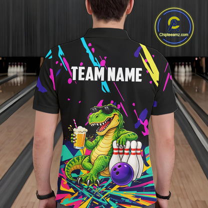 Colorful Bowling Jersey Funny Dinosaur Bowling Polo & 1/4 Zip For Men Custom Bowling Team Shirts TDM7702