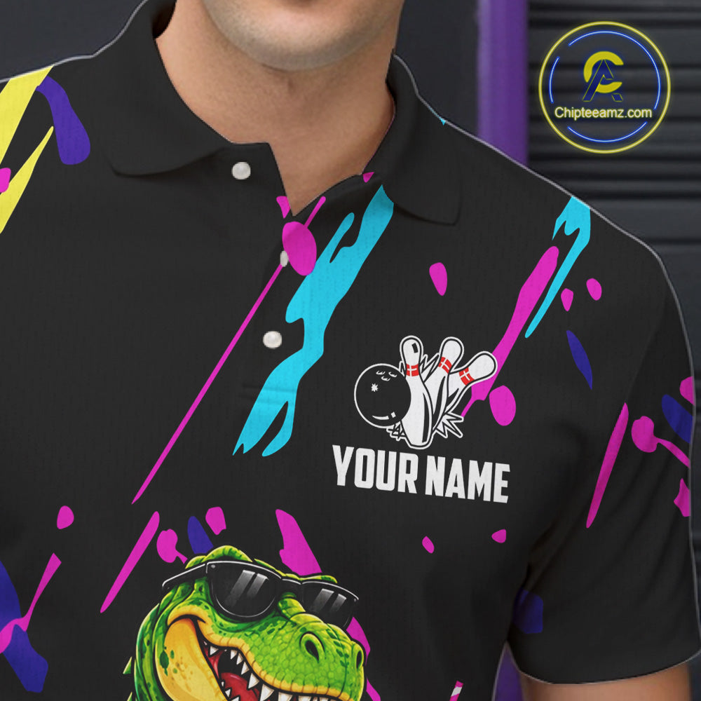 Colorful Bowling Jersey Funny Dinosaur Bowling Polo & 1/4 Zip For Men Custom Bowling Team Shirts TDM7702