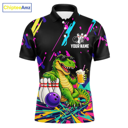 Colorful Bowling Jersey Funny Dinosaur Bowling Polo & 1/4 Zip For Men Custom Bowling Team Shirts TDM7702