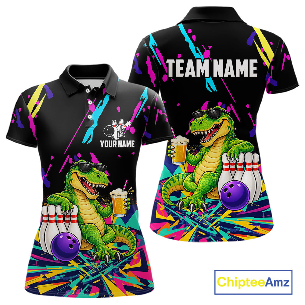 Colorful Bowling Jersey Funny Dinosaur Bowling Polo & 1/4 Zip For Women Custom Bowling Team Shirts TDM7702