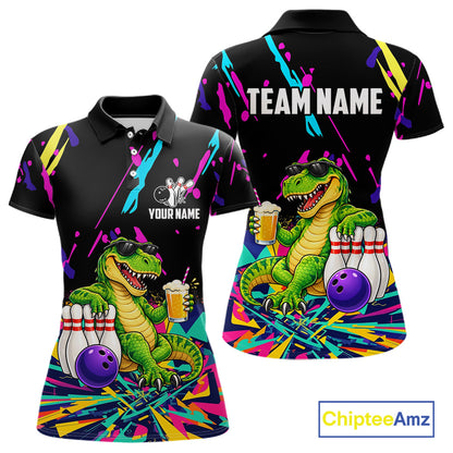 Colorful Bowling Jersey Funny Dinosaur Bowling Polo & 1/4 Zip For Women Custom Bowling Team Shirts TDM7702
