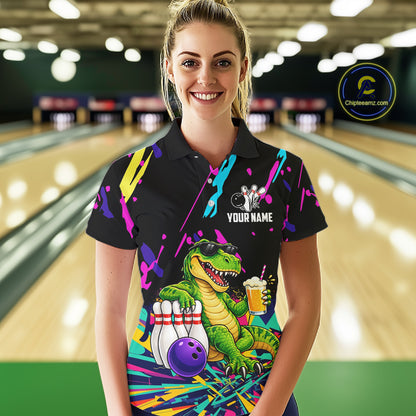 Colorful Bowling Jersey Funny Dinosaur Bowling Polo & 1/4 Zip For Women Custom Bowling Team Shirts TDM7702