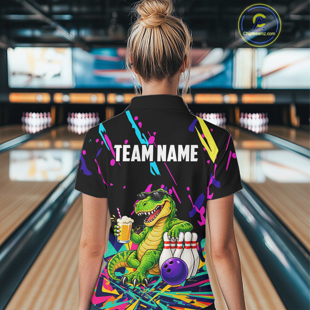 Colorful Bowling Jersey Funny Dinosaur Bowling Polo & 1/4 Zip For Women Custom Bowling Team Shirts TDM7702