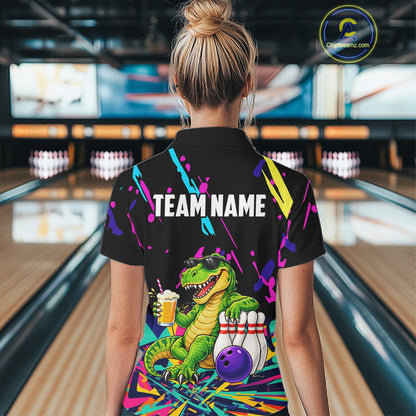 Colorful Bowling Jersey Funny Dinosaur Bowling Polo & 1/4 Zip For Women Custom Bowling Team Shirts TDM7702
