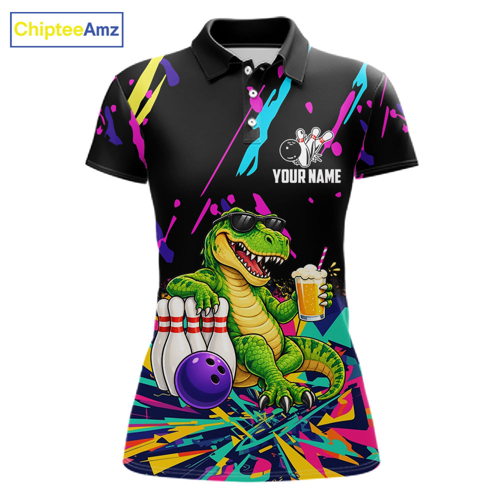 Colorful Bowling Jersey Funny Dinosaur Bowling Polo & 1/4 Zip For Women Custom Bowling Team Shirts TDM7702