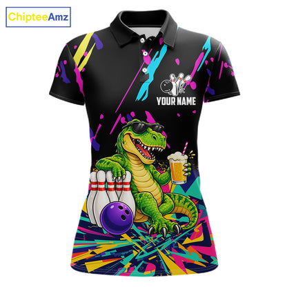 Colorful Bowling Jersey Funny Dinosaur Bowling Polo & 1/4 Zip For Women Custom Bowling Team Shirts TDM7702