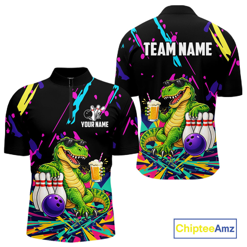 Colorful Bowling Jersey Funny Dinosaur Bowling Polo & 1/4 Zip For Men Custom Bowling Team Shirts TDM7702