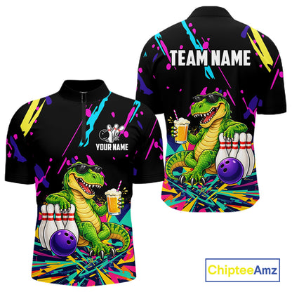 Colorful Bowling Jersey Funny Dinosaur Bowling Polo & 1/4 Zip For Men Custom Bowling Team Shirts TDM7702