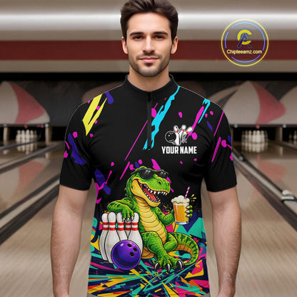 Colorful Bowling Jersey Funny Dinosaur Bowling Polo & 1/4 Zip For Men Custom Bowling Team Shirts TDM7702