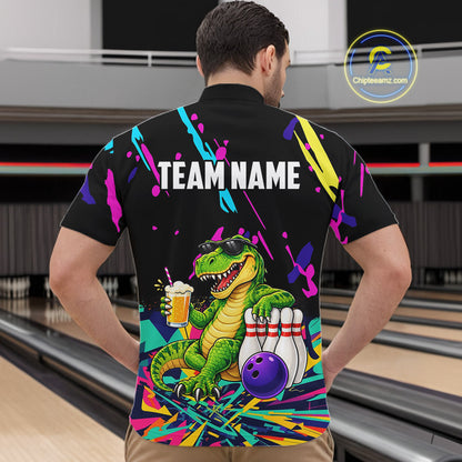 Colorful Bowling Jersey Funny Dinosaur Bowling Polo & 1/4 Zip For Men Custom Bowling Team Shirts TDM7702
