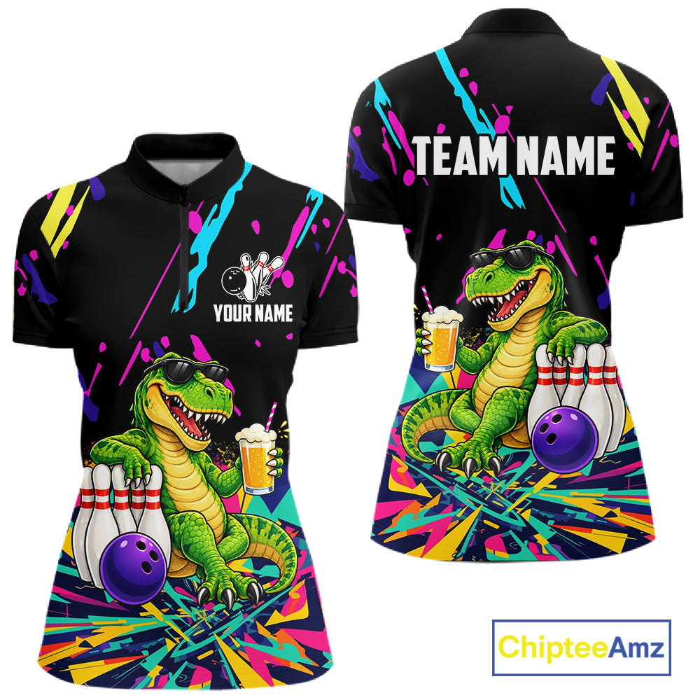 Colorful Bowling Jersey Funny Dinosaur Bowling Polo & 1/4 Zip For Women Custom Bowling Team Shirts TDM7702