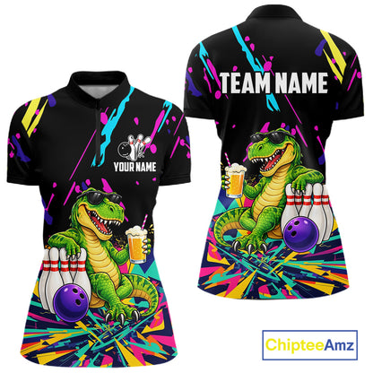 Colorful Bowling Jersey Funny Dinosaur Bowling Polo & 1/4 Zip For Women Custom Bowling Team Shirts TDM7702