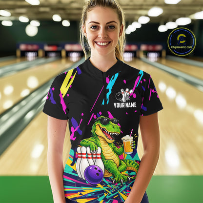 Colorful Bowling Jersey Funny Dinosaur Bowling Polo & 1/4 Zip For Women Custom Bowling Team Shirts TDM7702