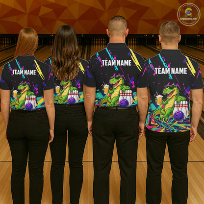 Colorful Bowling Jersey Funny Dinosaur Bowling Polo & 1/4 Zip For Men Custom Bowling Team Shirts TDM7702