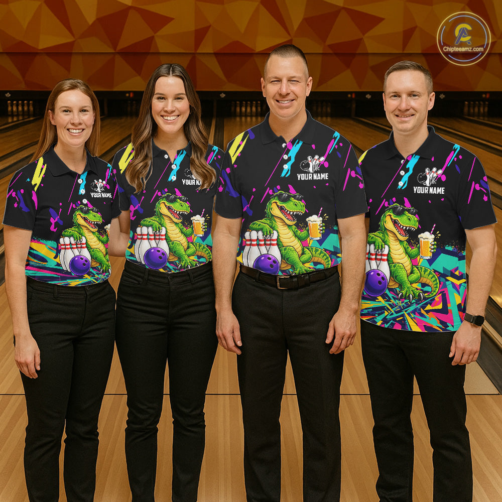 Colorful Bowling Jersey Funny Dinosaur Bowling Polo & 1/4 Zip For Men Custom Bowling Team Shirts TDM7702