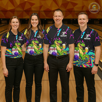 Colorful Bowling Jersey Funny Dinosaur Bowling Polo & 1/4 Zip For Men Custom Bowling Team Shirts TDM7702