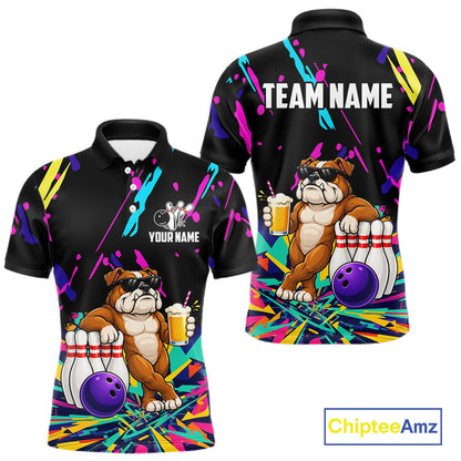 Colorful Bowling Jersey Funny Bulldog Bowling Polo & 1/4 Zip For Men Custom Bowling Team Shirts TDM7703