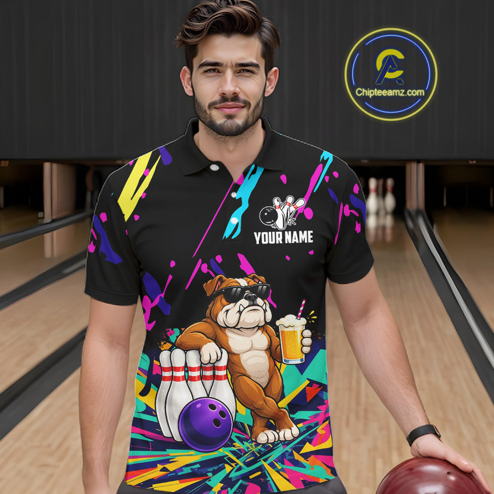 Colorful Bowling Jersey Funny Bulldog Bowling Polo & 1/4 Zip For Men Custom Bowling Team Shirts TDM7703