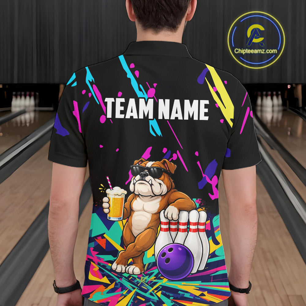 Colorful Bowling Jersey Funny Bulldog Bowling Polo & 1/4 Zip For Men Custom Bowling Team Shirts TDM7703