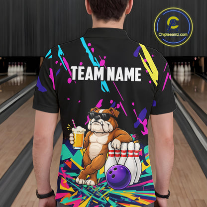 Colorful Bowling Jersey Funny Bulldog Bowling Polo & 1/4 Zip For Men Custom Bowling Team Shirts TDM7703