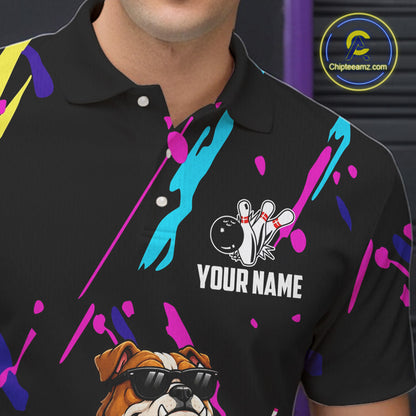 Colorful Bowling Jersey Funny Bulldog Bowling Polo & 1/4 Zip For Men Custom Bowling Team Shirts TDM7703