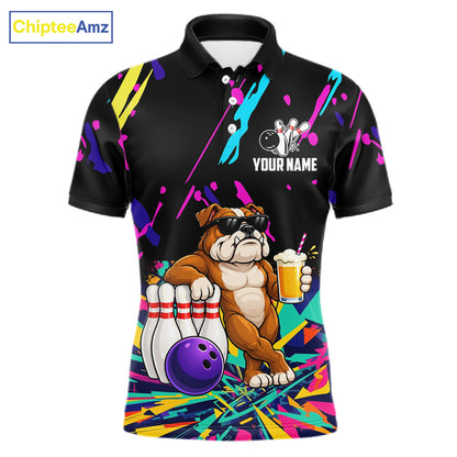 Colorful Bowling Jersey Funny Bulldog Bowling Polo & 1/4 Zip For Men Custom Bowling Team Shirts TDM7703